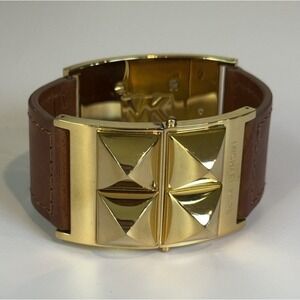 Michael Kors Gold Tone Pyramid Stud Brown Leather Cuff Bracelet Wide